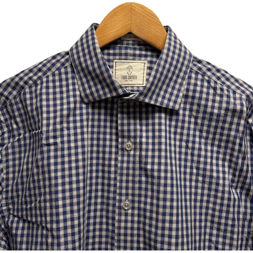 Todd Snyder Men's 16.5 32-33 Button Front Navy/Gray Checkered Plaid Cotton Shirt